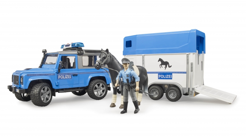 Bruder Land Rover Defender politievoertuig, paardentrailer, paard + politieagent