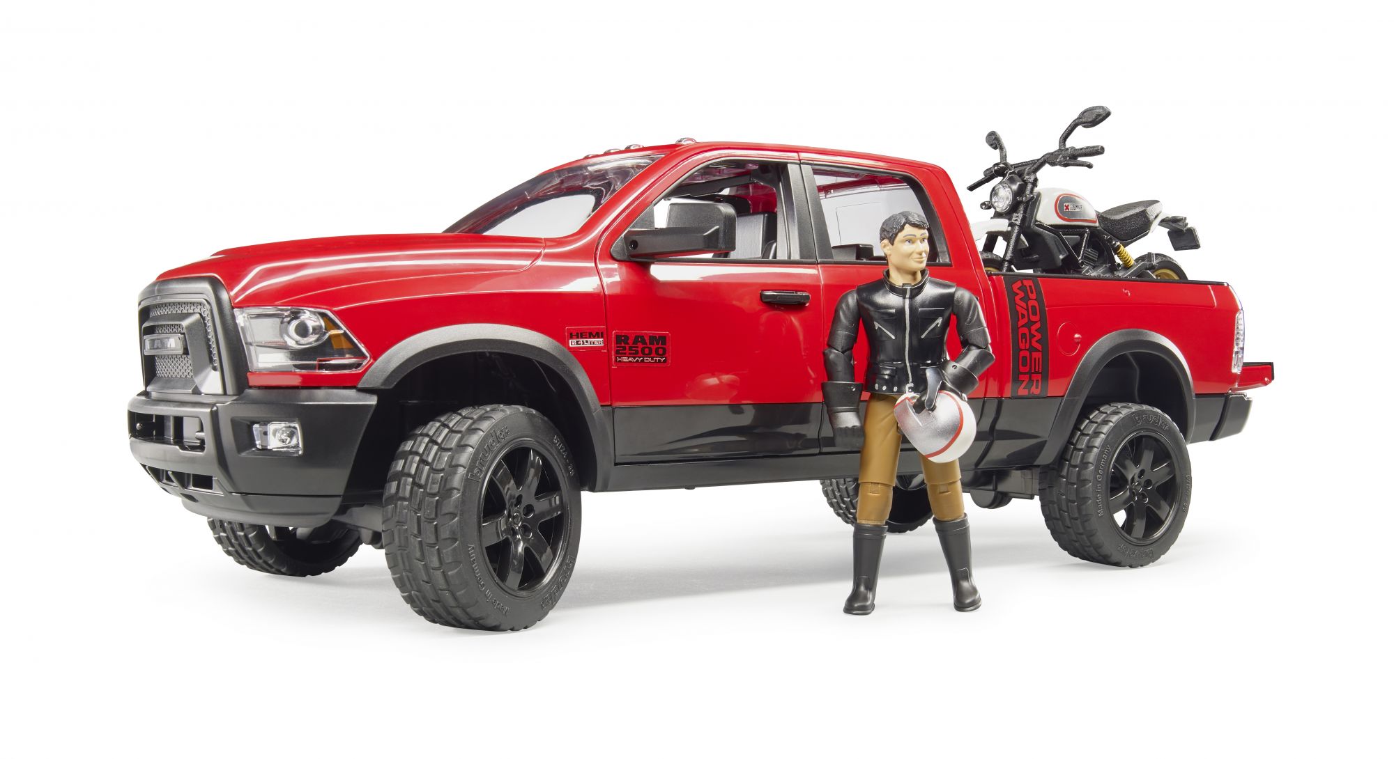 Bruder Ram 2500 Power wagon, Scrambler Ducati Desert Sled en bestuurder 1:16