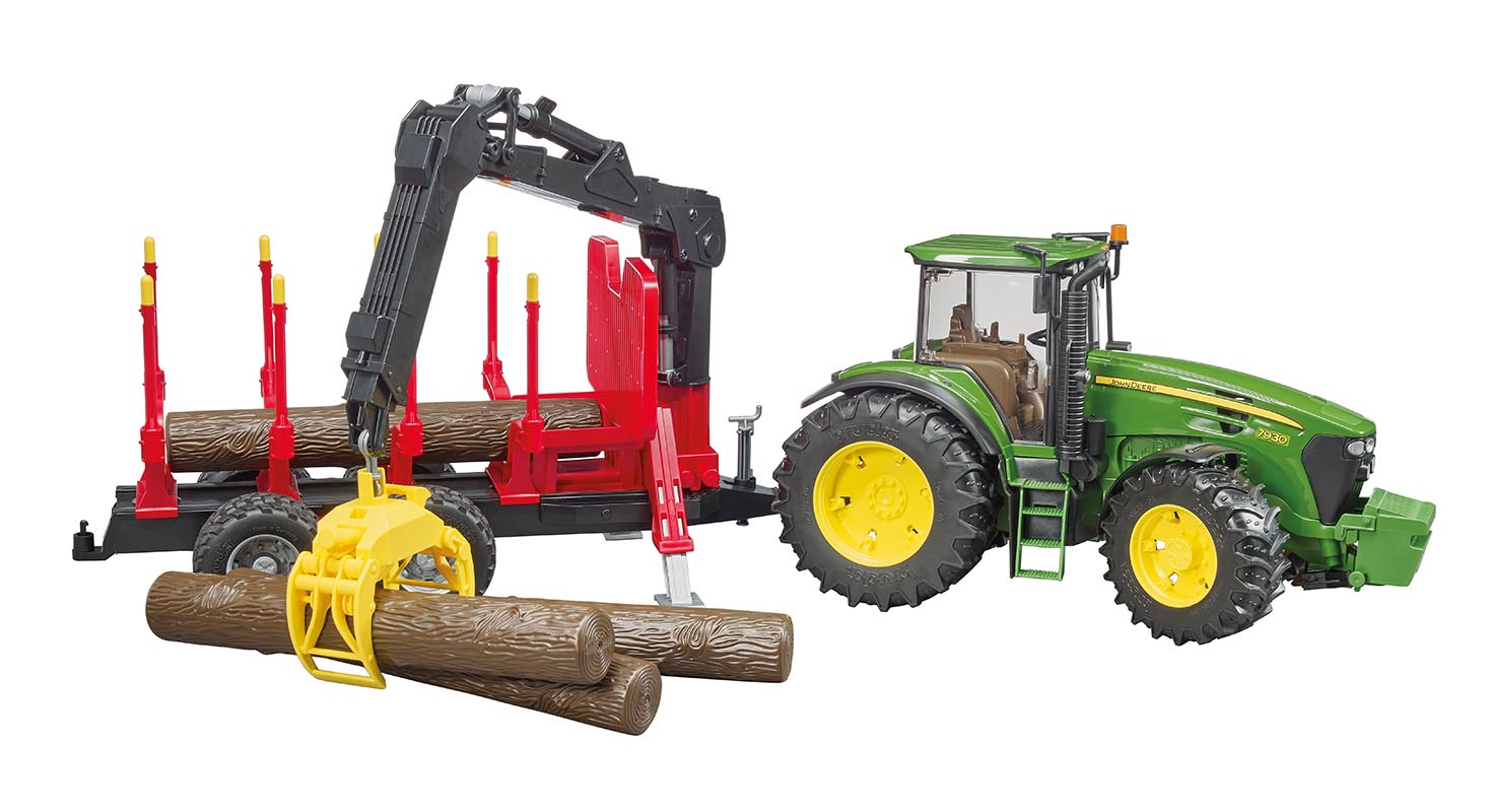 Bruder John Deere 7930 met houttrailer en 4 boomstammen 1:16