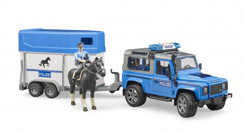 Bruder Land Rover Defender politievoertuig, paardentrailer, paard + politieagent